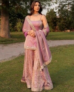 indie picks Embroidered Straight Kurta with Palazzos & Dupatta-picture-11