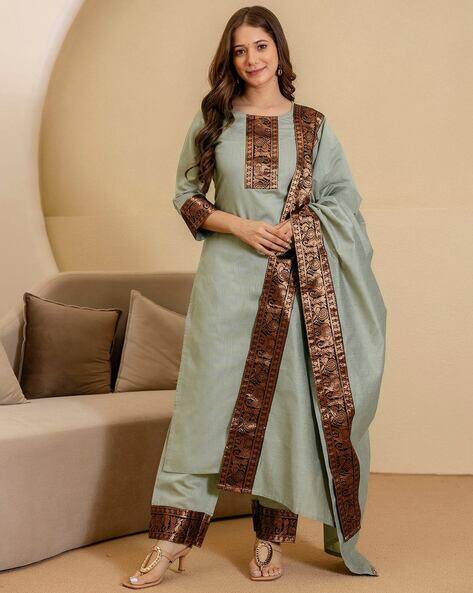 SVARAA Women Lace Straight Kurta with Pants & Dupatta