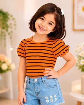 Girls Striped Regular Fit Top with Puff Sleeves -image-48