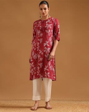 soch Women Leaf Print Straight Kurta with Tie-Up Neck-picture-37