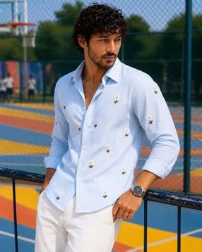 Men Striped Regular Fit Shirt with Embroidered Details-image-38