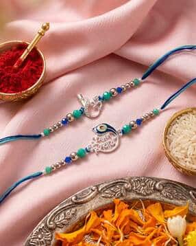 nvr Set of 2 Silver Toned Beaded Religious Thread Rakhi with Roli Chawal Chandan Mishri-picture-30