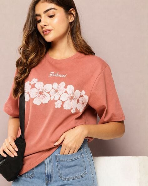 XQsee Women Graphic Print Oversized Round-Neck T-Shirt
