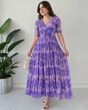 Women Floral Print Semi-Stitched A-Line Dress-image-0
