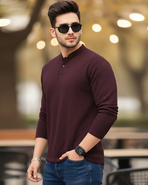Buda Jeans Co Men Knitted Slim Fit Henley T-Shirt