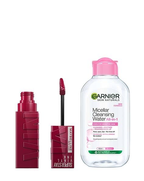 Maybelline New York Superstay Vinyl Ink Liquid Lipstick Unrivaled with Garnier Micellar Cleansing Water Combo