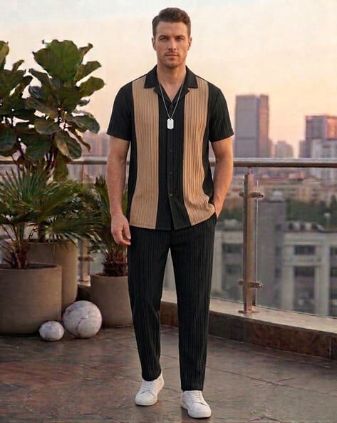 Buda Jeans Co Men Colourblock 2-Piece Shirt & Lounge Pants