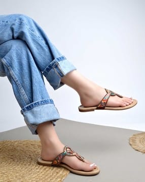 Women Printed T-Strap Flat Sandals with Laser-Cut Detail-image-9