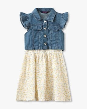 kg frendz Girls Ditsy Print Fit & Flare Dress with Denim Shrug-picture-30