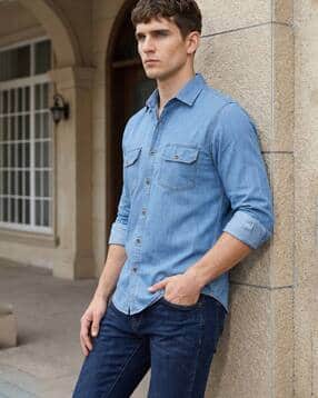 indian needle Regular Fit Denim Shirt with Flap Pockets-picture-13