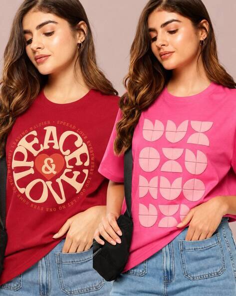 XQsee Women Pack of 2 Geometric Print Oversized Crew-Neck T-Shirts