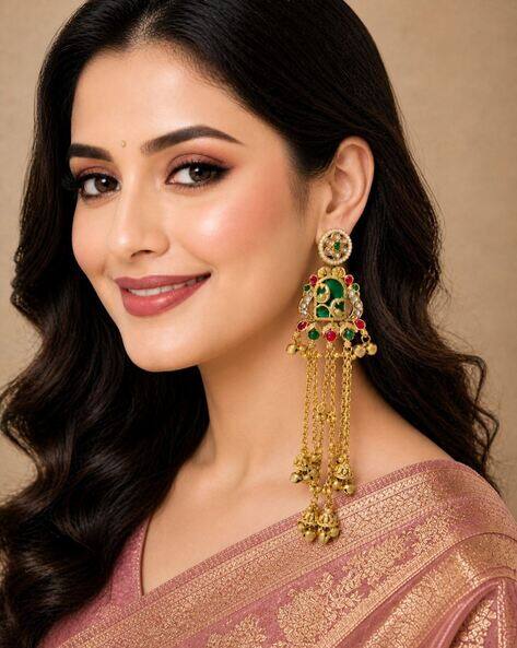 Fabula Peacock Design with Ghungroo Kashmiri Long Drop Earrings
