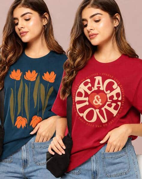 XQsee Pack of 2 Graphic Print Oversized Crew-Neck T-Shirts
