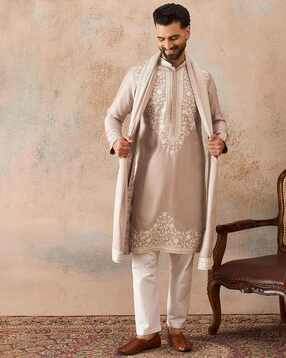 Men Embroidered Regular Fit Kurta with Dupatta-image-3
