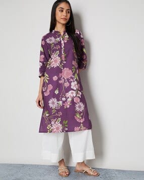 melange by lifestyle Women Floral Print Band-Collar A-Line Kurta-picture-34