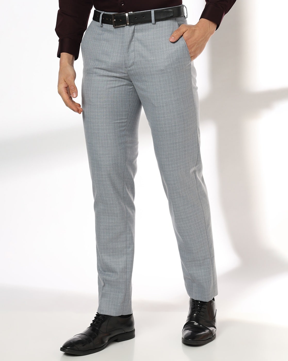 Men Checked Tapered Flat-Front Trousers