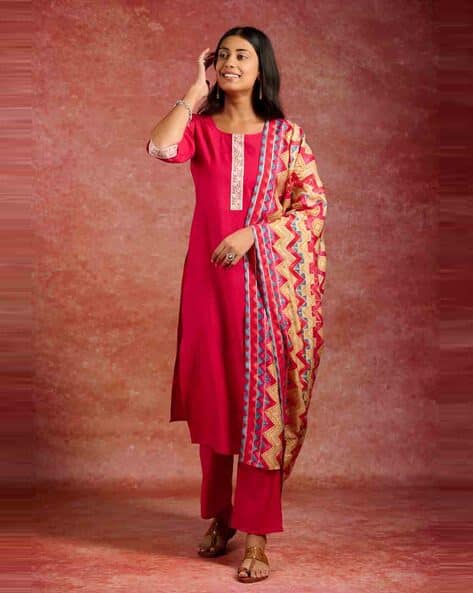 LIBAS — Women Embroidered Straight Kurta with Pants & Dupatta