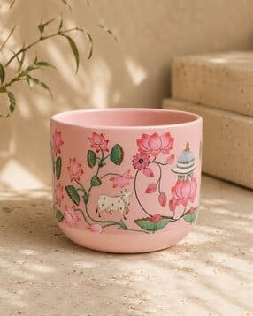 habere india Hand Painted Lotus Design Terracotta Plant Pot -picture-28