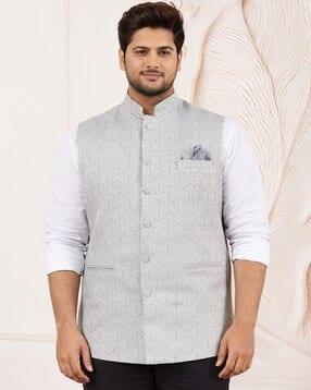 Men Mandarin-Collar Self-Design Nehru Jacket-image-25