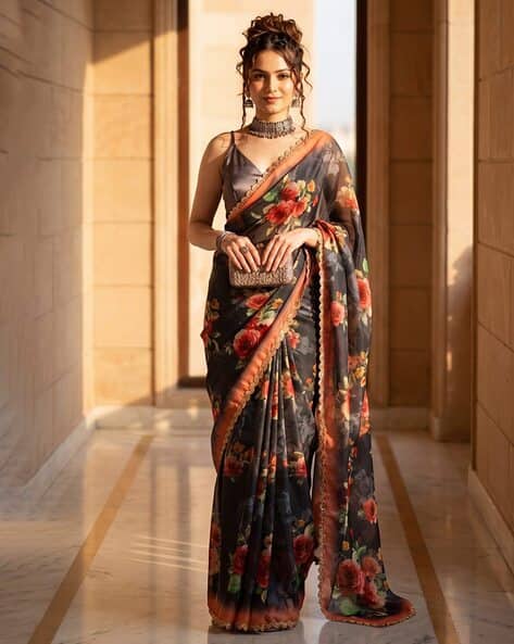 Ri-wah Women Floral Print Organza Saree with Lace Border