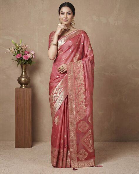 Ri-wah Women Floral Woven Zari Butta Saree with Tassels