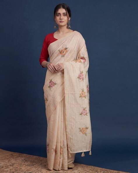 Ri-wah Women Floral Print Tussar Silk Saree with Tassels