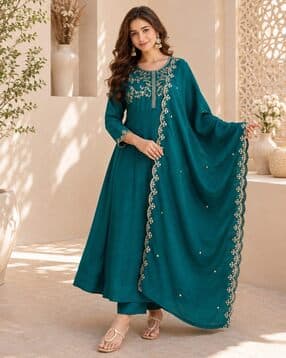 indie picks Women Embroidered Anarkali Kurta with Pants & Dupatta-picture-45