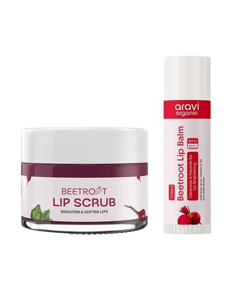 ARAVI ORGANIC Set of 3 Lip Glow Duo - Lip Scrub & Tinted Lip Balm for Smooth Hydrated Lips Combo