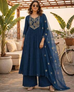 berrylicious Embroidered A-Line Kurta with Palazzos & Dupatta-picture-32
