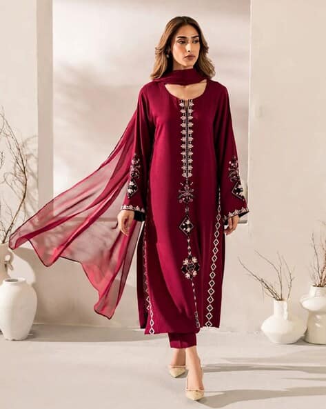 Indie Picks Embroidered Straight Kurta with Pants & Dupatta