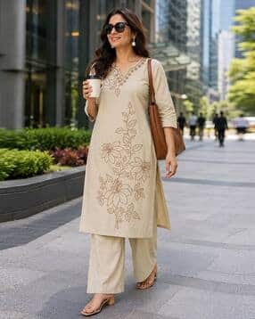 Embroidered Straight Kurta & Palazzos Set-image-13