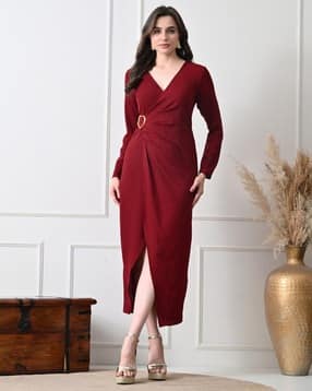 Women V-Neck Midi Wrap Dress-image-3