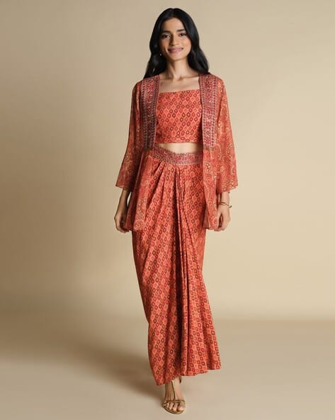 Global Desi Women Printed Crop Top & Skirt Co-Ord Set
