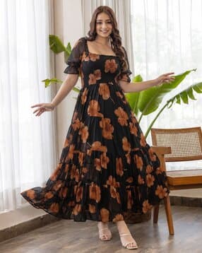 xqsee Women Floral Printed Square-Neck Fit and Flare Dress-picture-14