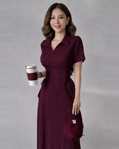 XQsee Women Shirt-Collar A-Line Maxi Dress