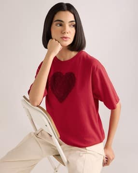 Heart Embroidered Oversized Crew-Neck T-Shirt-image-17