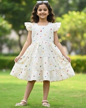 Girls Micro Print Square-Neck Tiered Dress-image-3