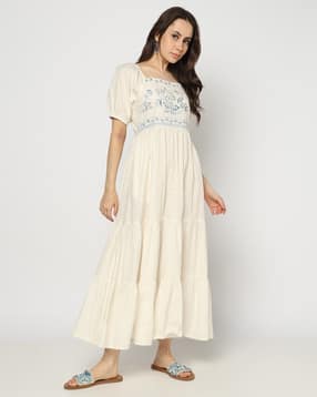 yousta Women Embroidered Square-Neck Tiered Dress-picture-31