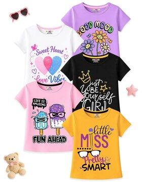 kuchipoo Girls Pack of 5 Printed Relaxed Fit Crew-Neck T-Shirts-picture-10