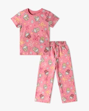 yousta Girls Printed Round-Neck T-Shirt & Pajamas Set-picture-45