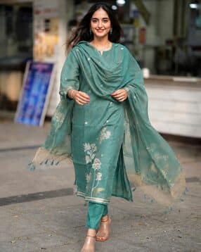 indie picks Floral Woven Straight Kurta with Pants & Dupatta      -picture-16