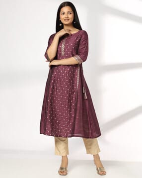 avaasa mix n' match Women Checked Pintucks Flared Kurta-picture-24