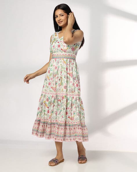 Women Floral Print Tiered Dress