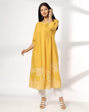 avaasa mix n' match Women Tropical Print Pintucks Flared Kurta-picture-26