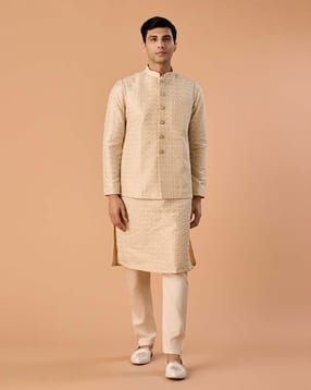 manyavar Men Embroidered Regular Fit Nehru Jacket with Pocket Pin  -picture-37