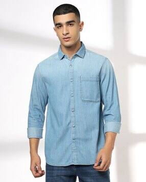 Men Washed Slim Fit Shirt with Patch Pocket-image-41