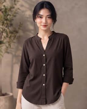 Women Mandarin-Collar Loose Fit Shirt-image-40