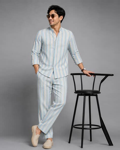 Buda Jeans Co Men Co-Ord Set Striped Pattern Shirt & Trouser Set