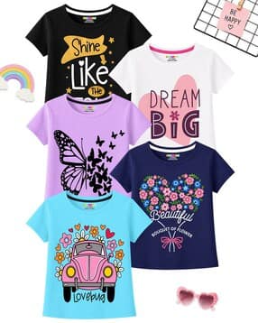 kuchipoo Women Pack of 5 Relaxed Fit Printed Crew-Neck T-Shirts-picture-11