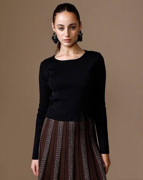 Kazo Women Relaxed Fit Crop Winter Top with Metal Trim